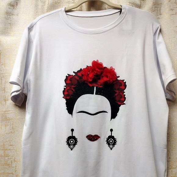 FRIDA Rhinestone XL, Bling Tee, Exclusive. Handmade. WHITE - Picture 4 of 8